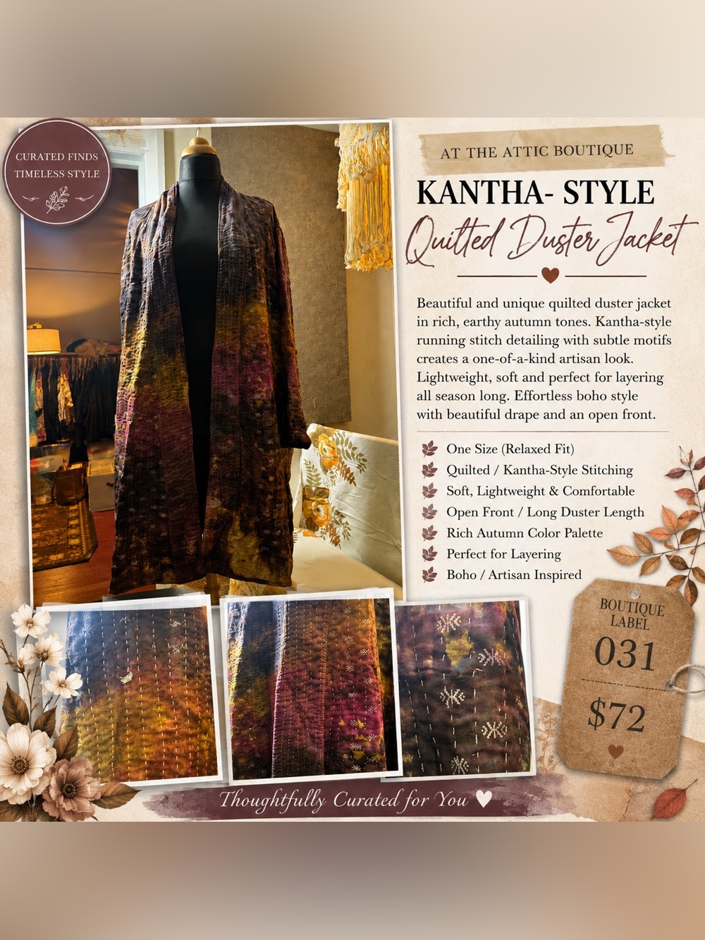 Kantha-Style Quilted Duster Jacket - Autumn Multi